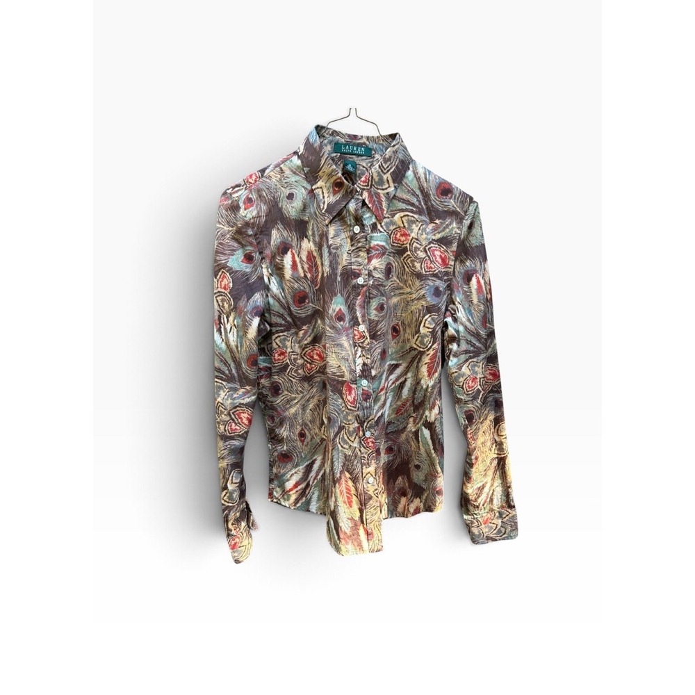 Vintage Lauren Ralph Lauren Women's M Peacock Feather Print Button Down Shirt - Picture 2 of 12